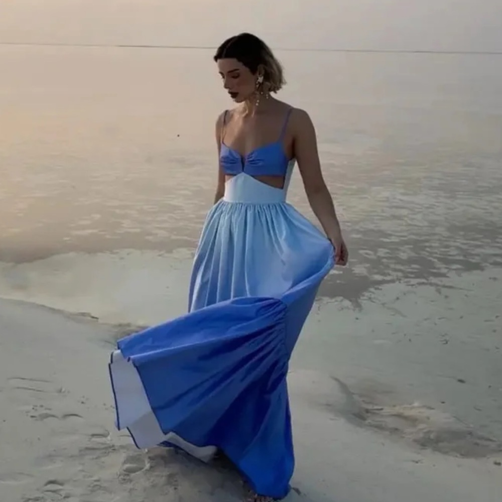 Elegant Blue Gradient Ombré Maxi Dress
